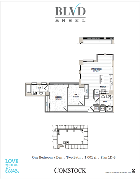 Floor plan for 1 bed, 2 baths, 1053 sqft
